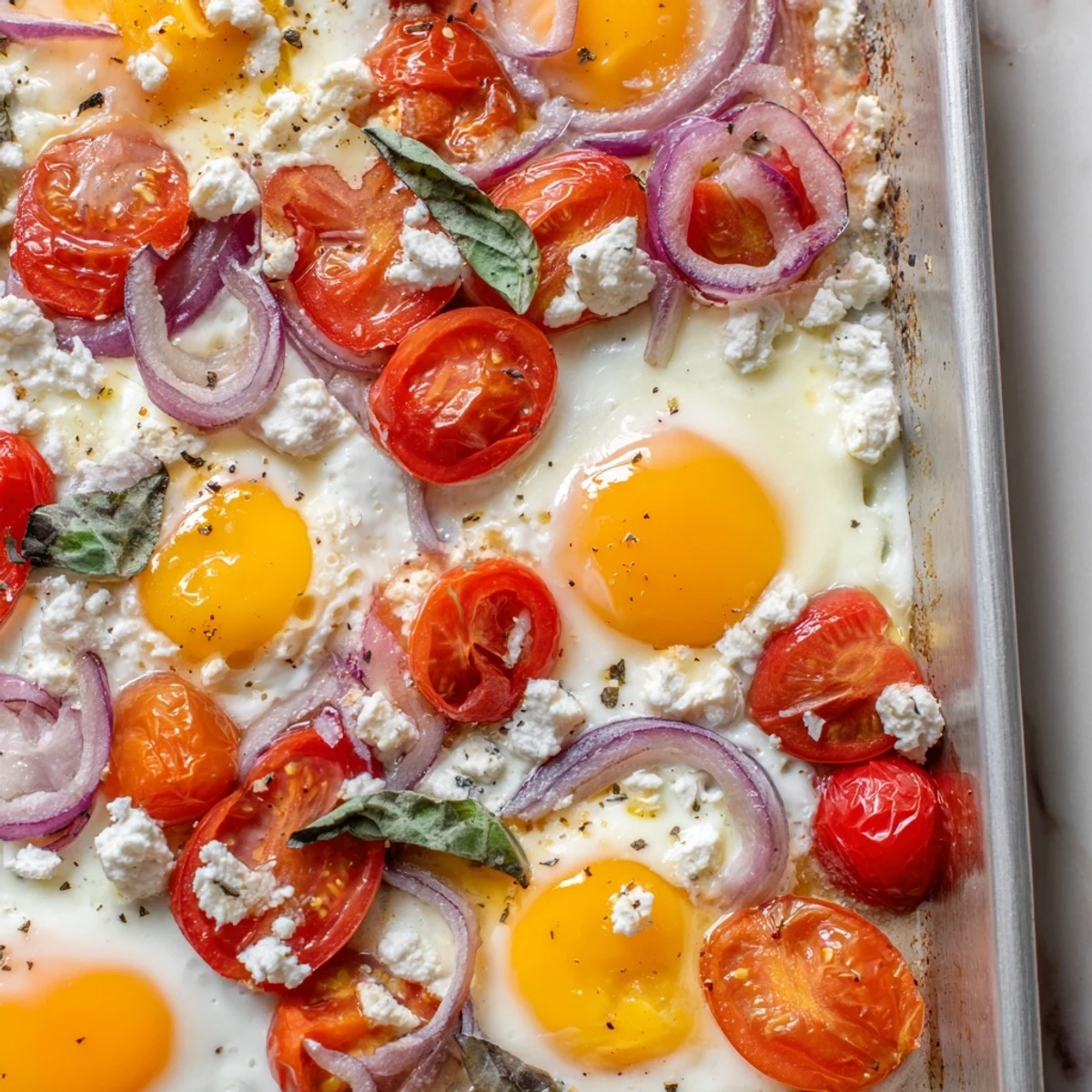 Golden yolks in Tomato Feta Baked Eggs, a simple, delicious Mediterranean brunch delight.
