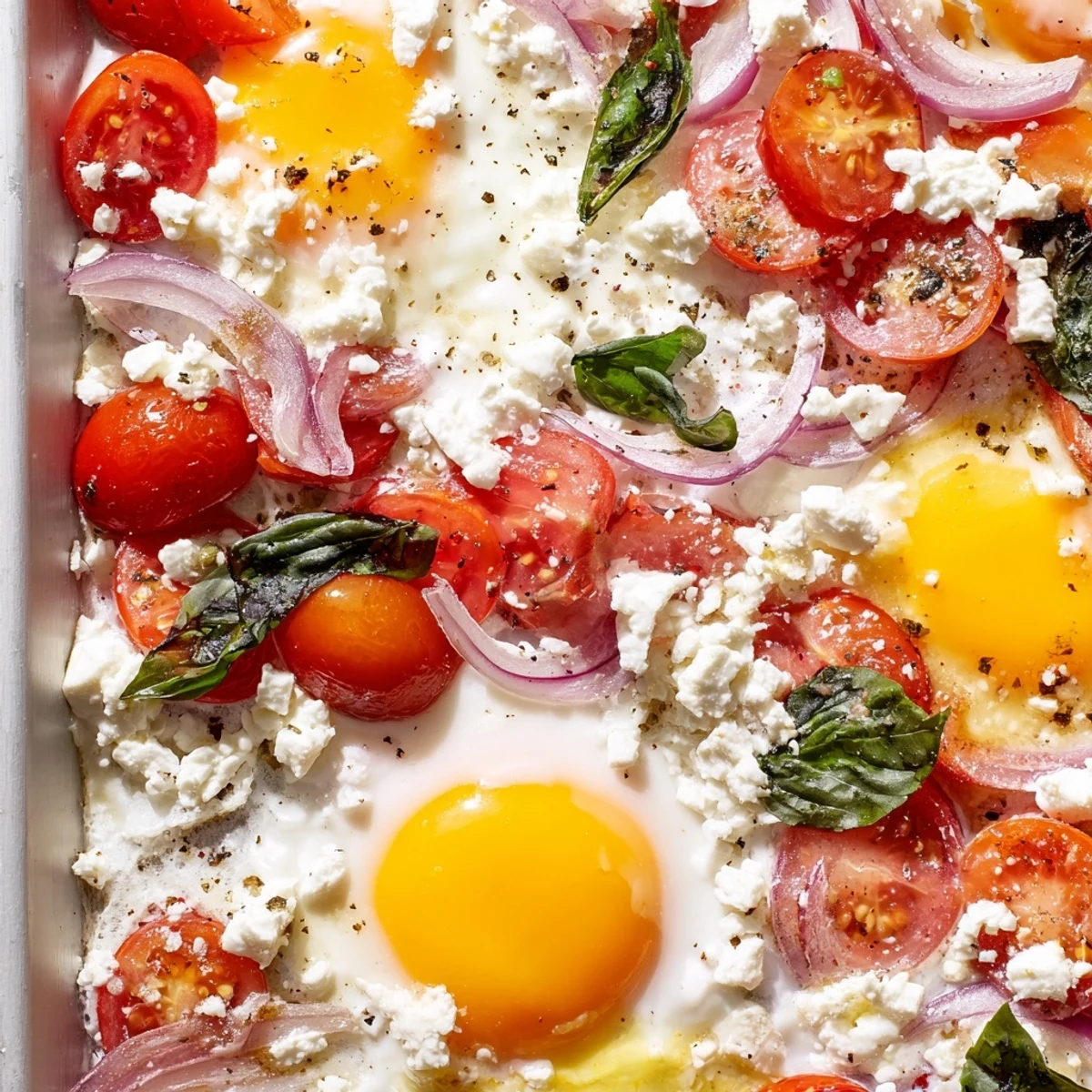Bright sheet pan of Tomato Feta Baked Eggs, ready to eat alongside crusty bread.