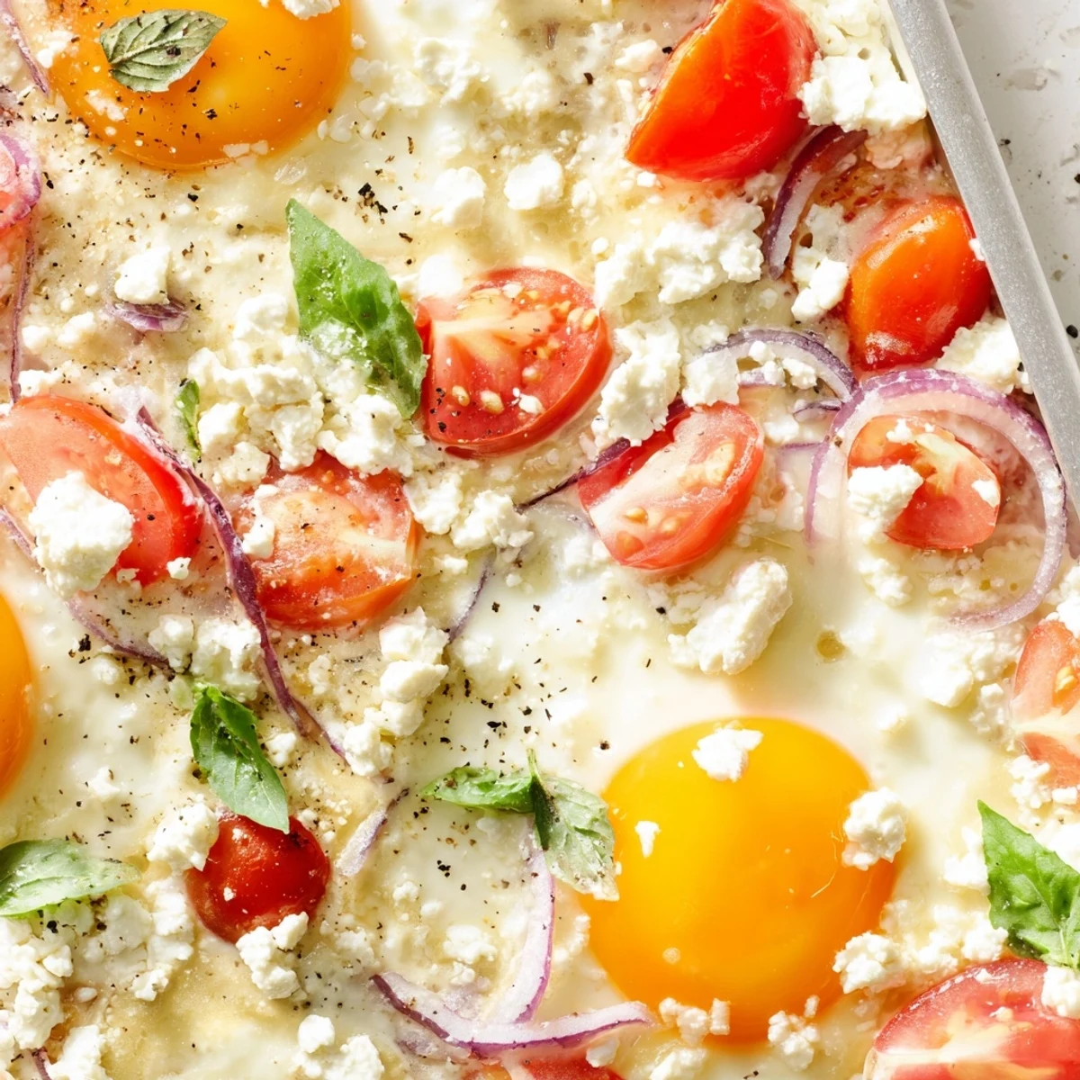 Juicy red tomatoes surround creamy feta and eggs in this inviting Tomato Feta Baked Eggs recipe.