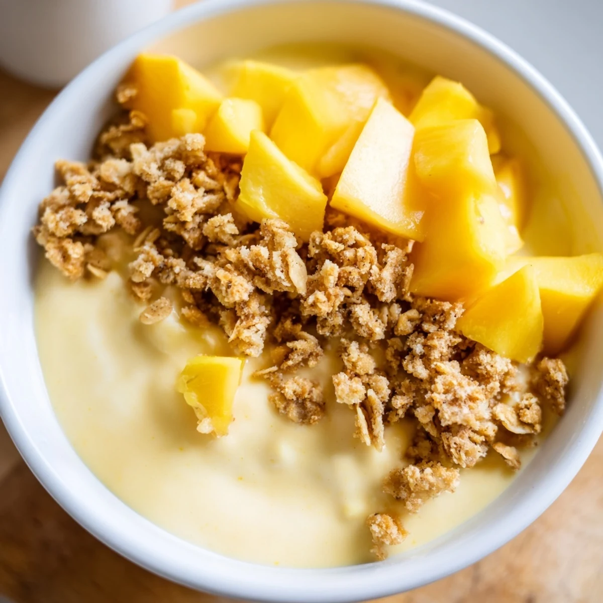 Vibrant creamy mango blended overnight oats, topped with crunchy granola, ready for a refreshing breakfast.