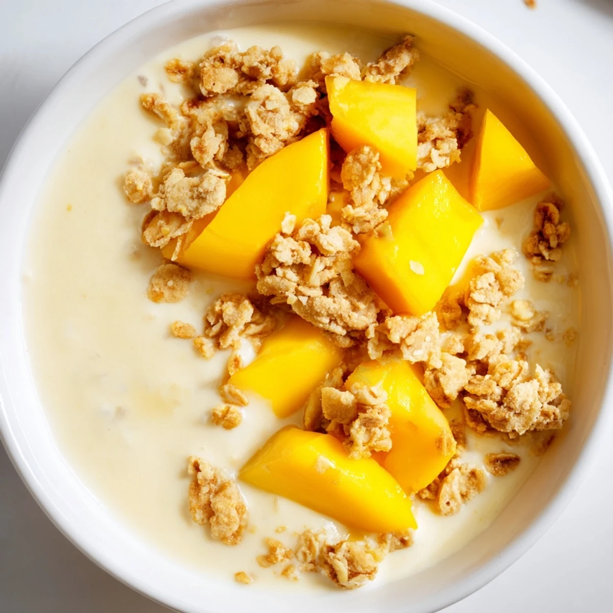 Cool, refreshing bowl of mango blended overnight oats, showcasing the bright, tropical flavors in a creamy treat.