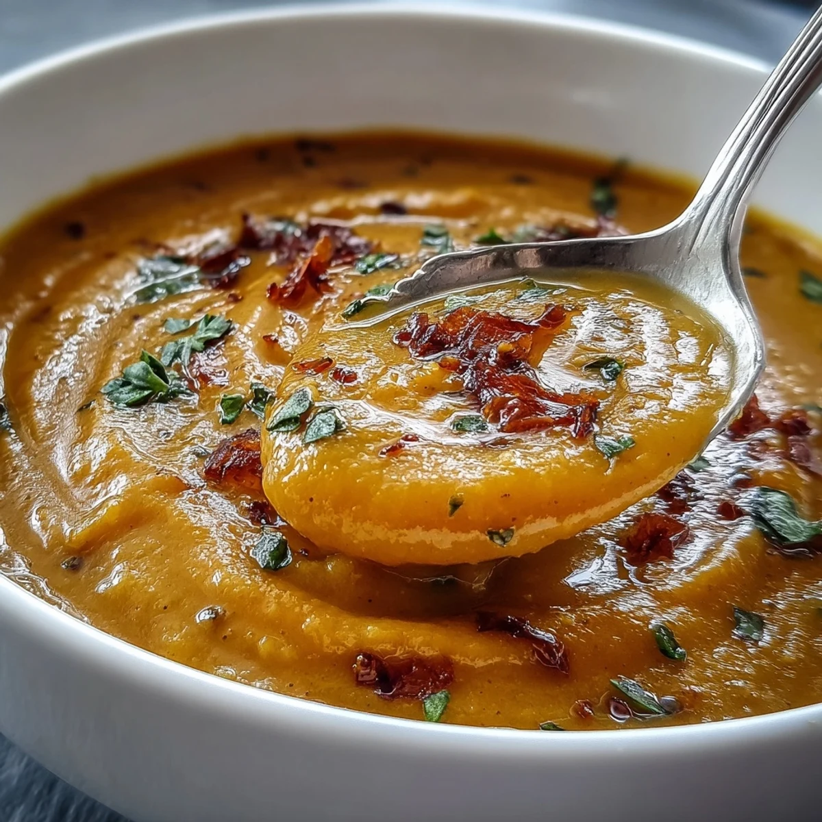Hearty butternut squash and lentil soup, brimming with warm spices, perfect for a cozy meal.