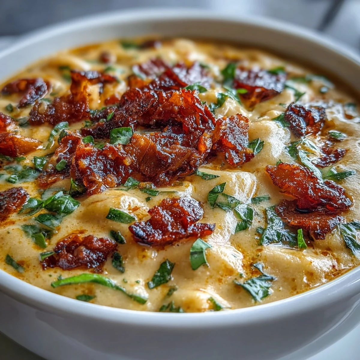 Close-up of Creamy Tuscan White Bean Soup drizzled with olive oil and Parmesan beside crusty gluten-free bread.
