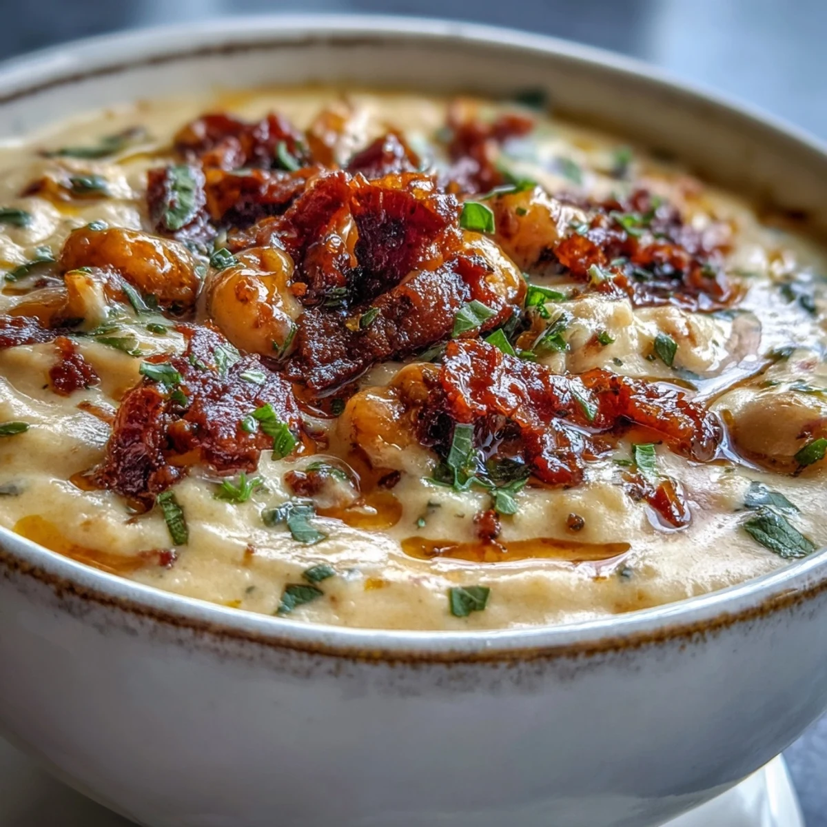 A spoon lifting velvety blended Creamy Tuscan White Bean Soup topped with crispy pancetta and fresh basil garnish.