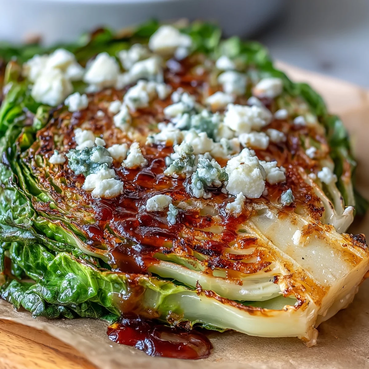 Thick, oven-roasted cabbage steaks topped with creamy feta cheese and drizzled with tangy balsamic reduction for a Mediterranean-inspired meal.