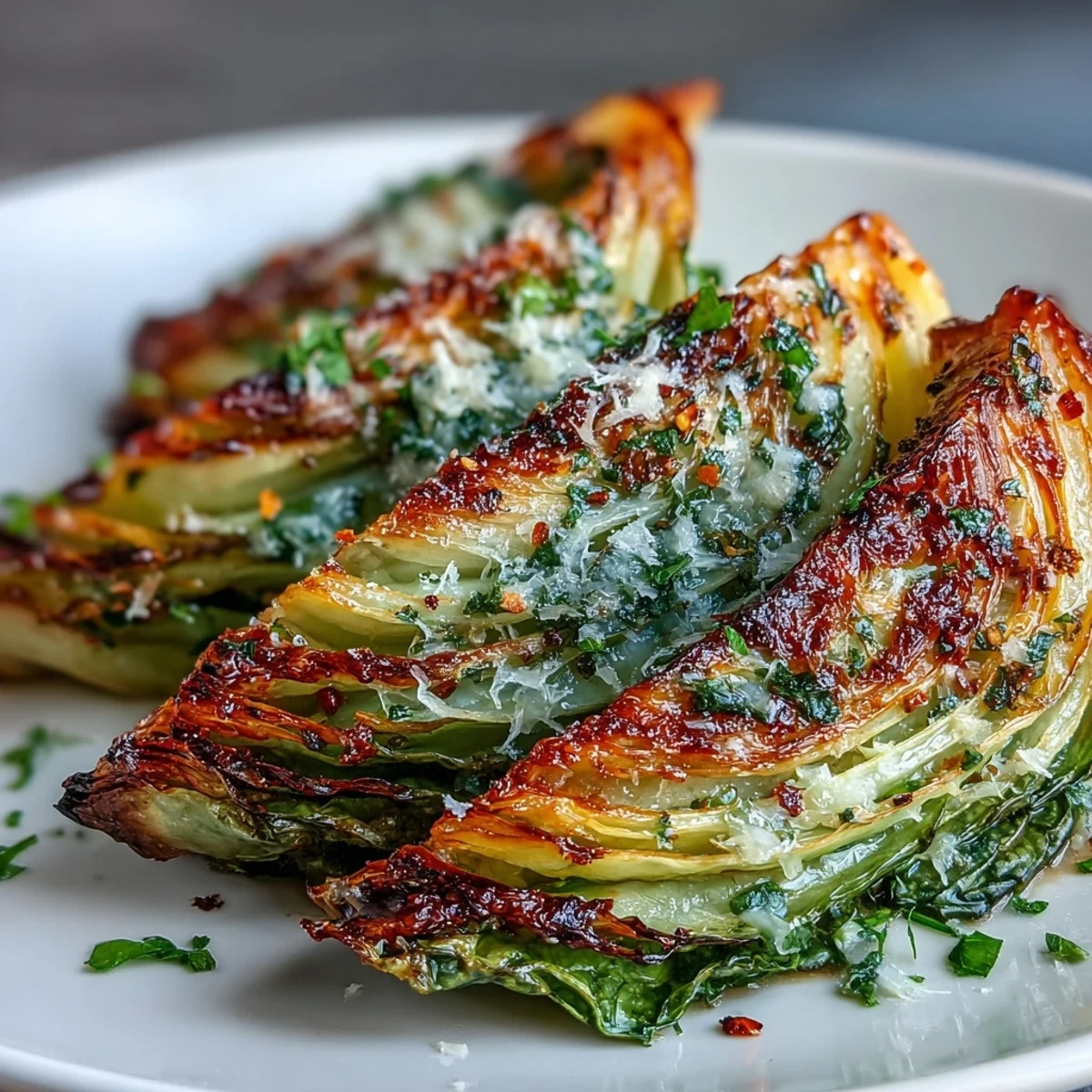 Tender wedges of Roasted Garlic Parmesan Cabbage served hot as a savory vegetarian side.