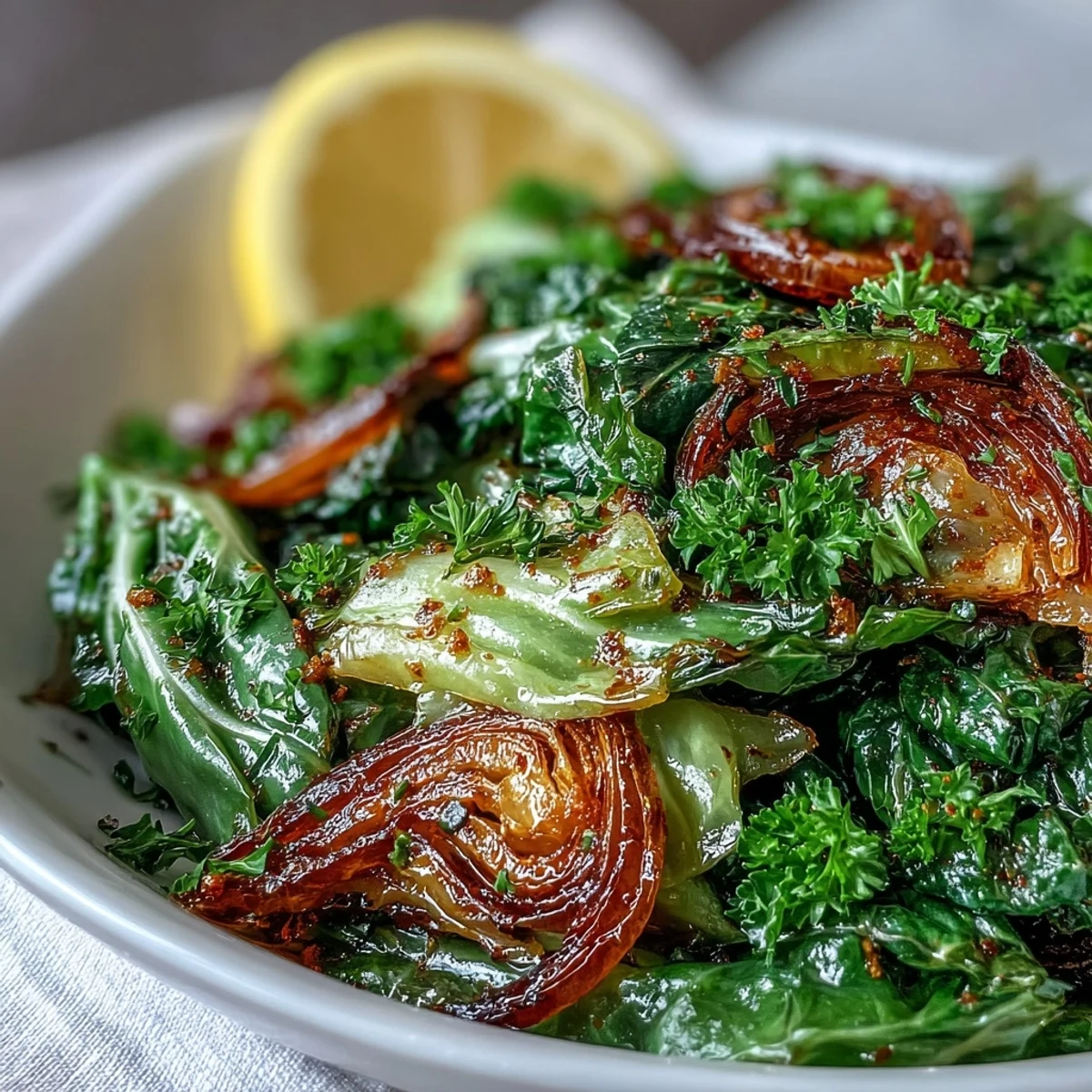 Freshly sautéed cabbage with garlic and Mediterranean spices steaming in a white skillet, garnished with chopped parsley and lemon wedges.
