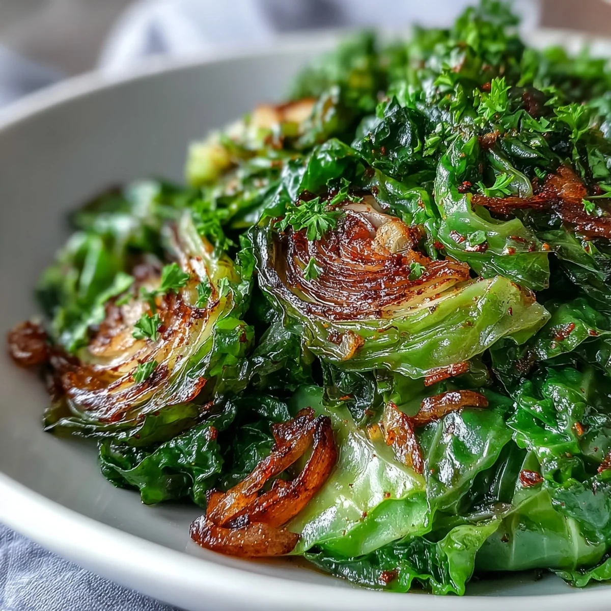 Tender green cabbage and red onion caramelized with cumin and paprika, served as a bright Mediterranean side dish with lemon.
