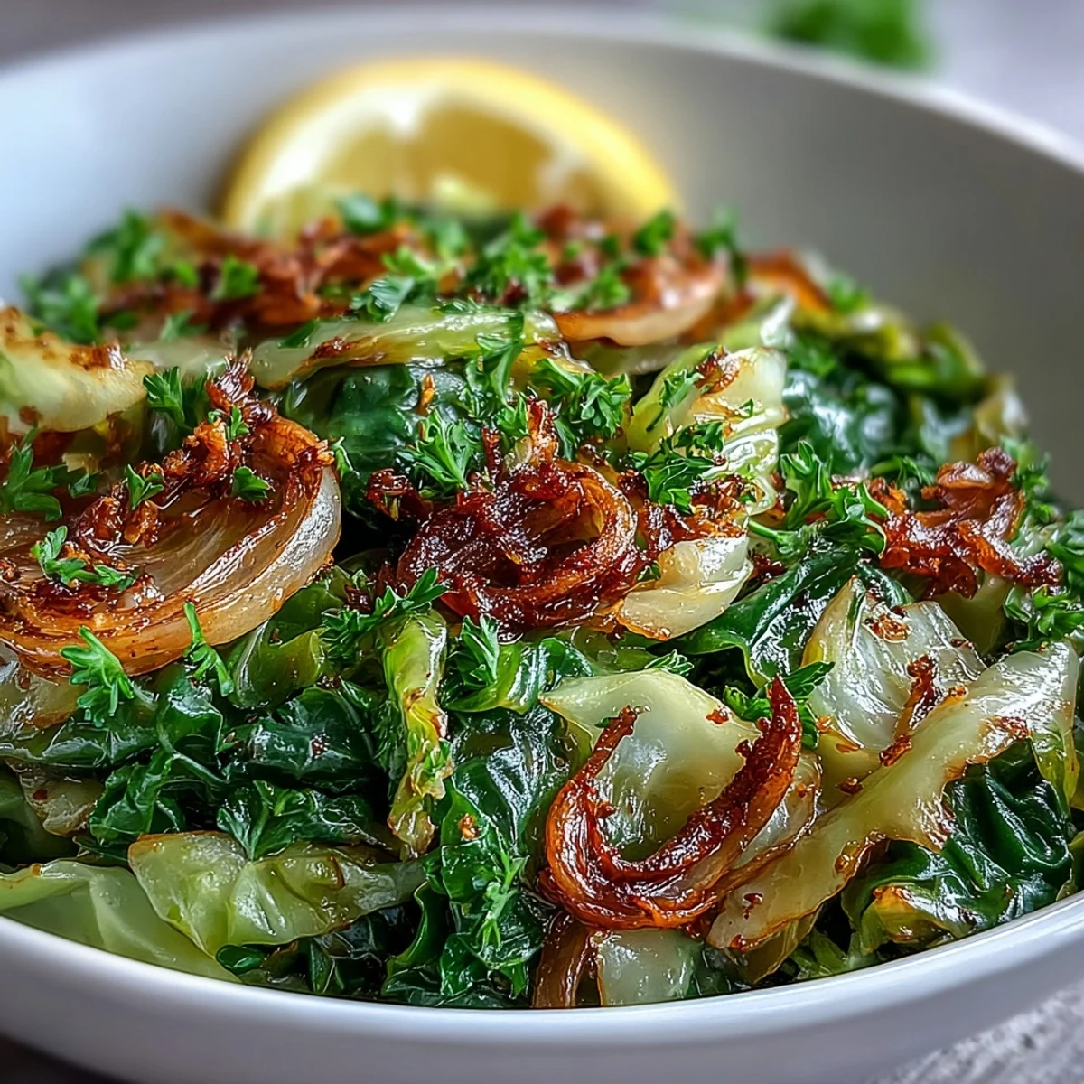 Colorful sautéed cabbage with garlic and Mediterranean spices garnished with parsley, ready to serve alongside grilled fish or chicken.