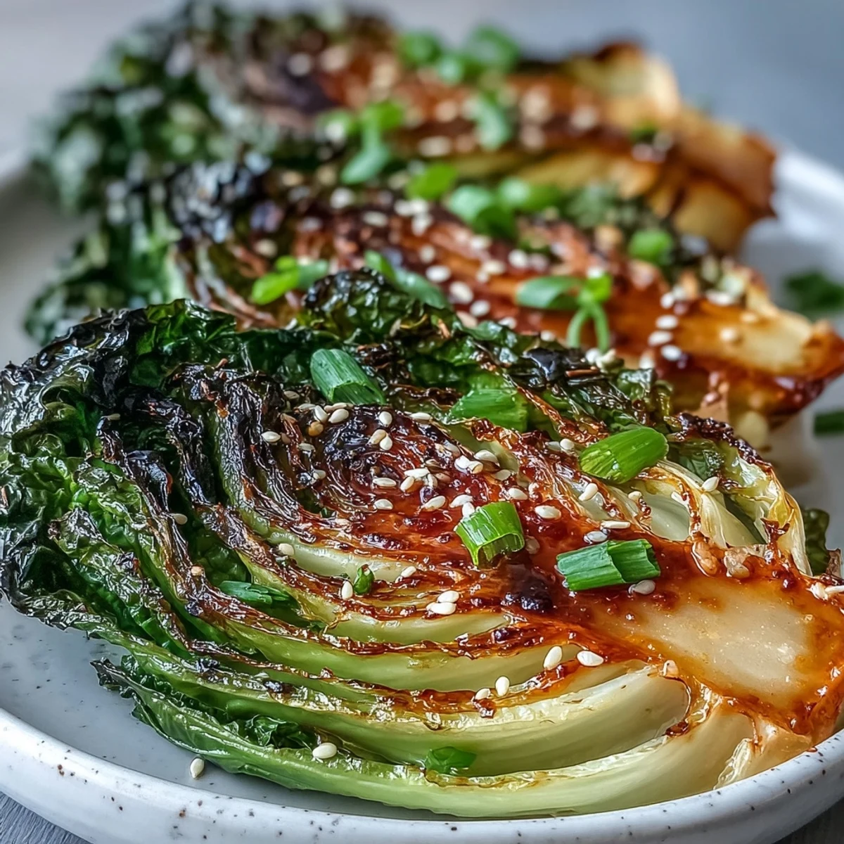 Restaurant-style Miso Butter Roasted Cabbage Wedges plated with a drizzle of extra sauce.