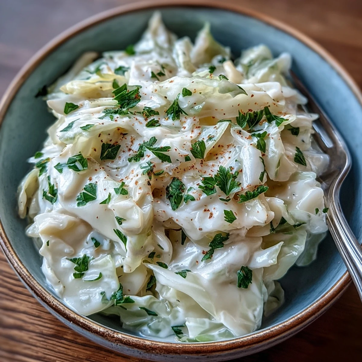 Fork-tender cabbage ribbons in a silky cream sauce, garnished with fresh parsley, ready to serve Creamed Cabbage alongside roast chicken.