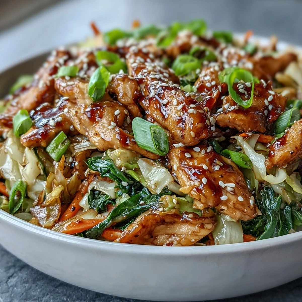 Sizzling Egg Roll Bowls with Chicken and Cabbage feature tender chicken, crisp cabbage, and carrots tossed in a savory garlic-ginger sauce.