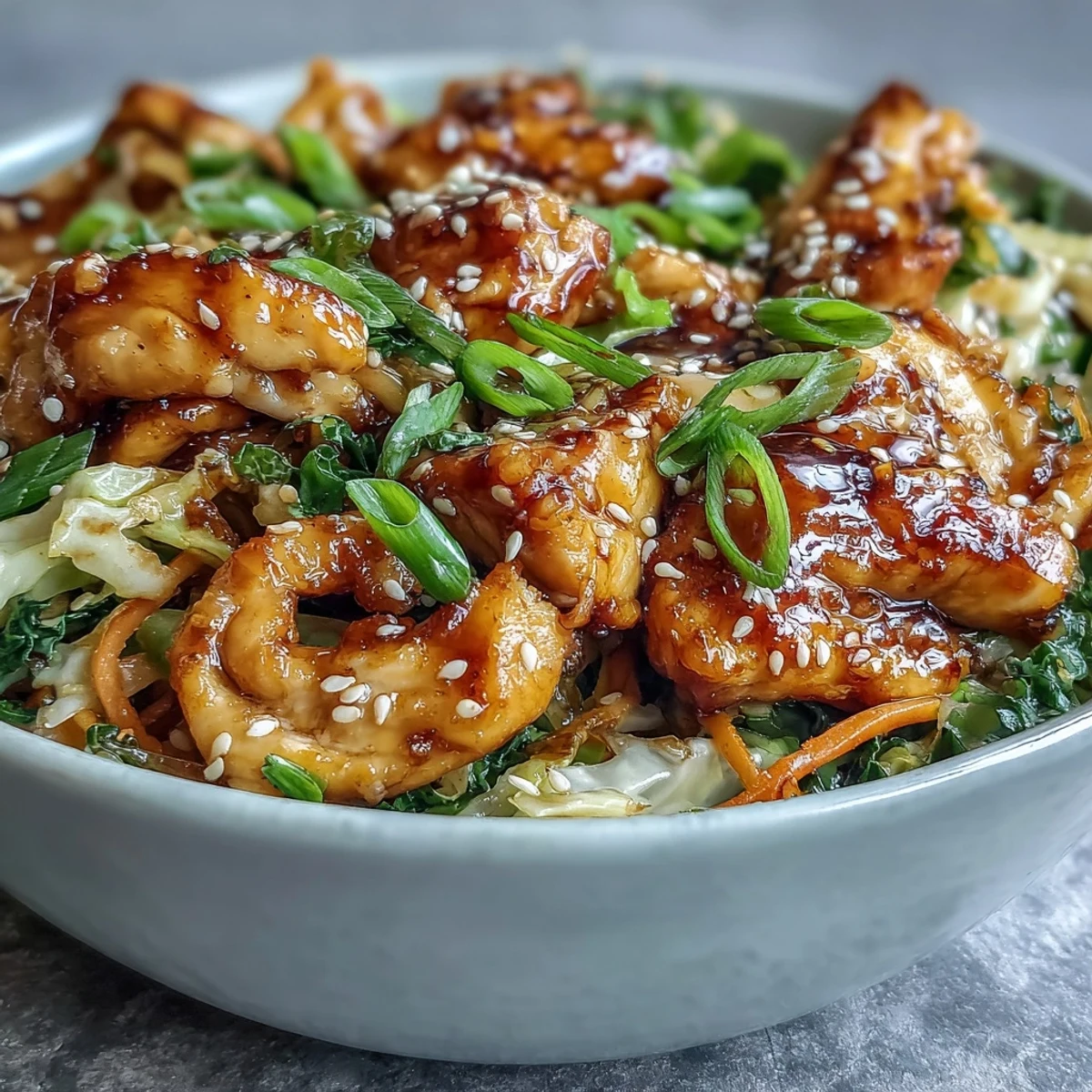 Steamy skillet of Egg Roll Bowls with Chicken and Cabbage topped with scallions, sesame seeds, and a drizzle of chili crisp oil.