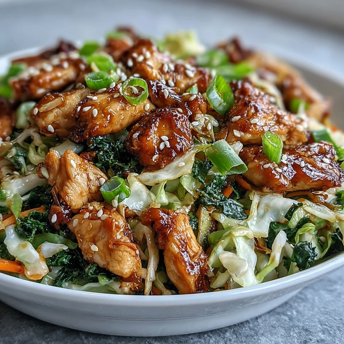 Fork-ready Egg Roll Bowls with Chicken and Cabbage served steaming beside a bowl of white rice and a chopstick garnish.