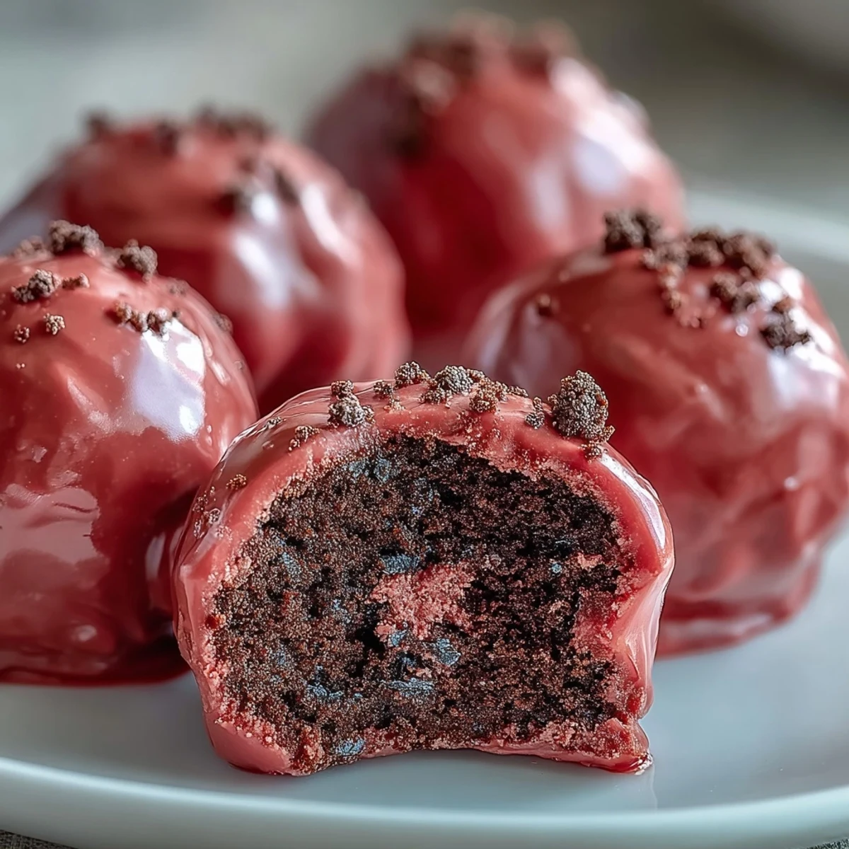 Freshly dipped Oreo Truffle Balls with pink candy coating, glistening under soft light and topped with tiny edible pearls.