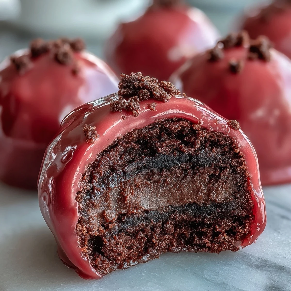 Glossy pink Oreo Truffle Balls arranged on a white plate, showing the cracked candy coating revealing the dark cookie center.