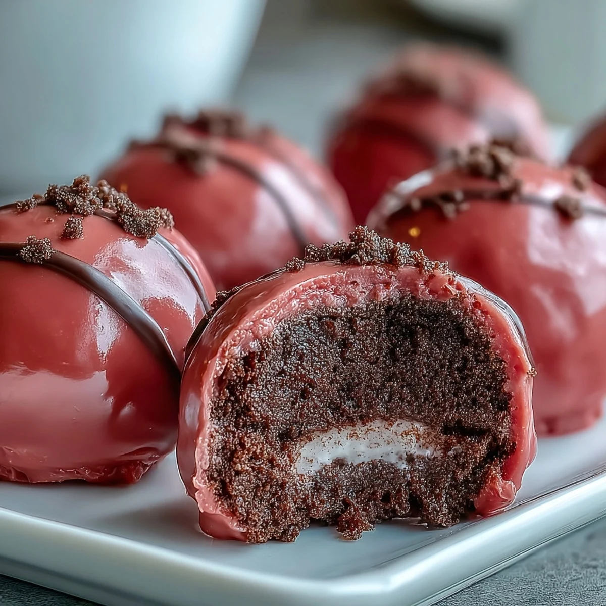 A batch of chilled Oreo Truffle Balls with vibrant pink shells, placed on parchment ready to be served to guests.