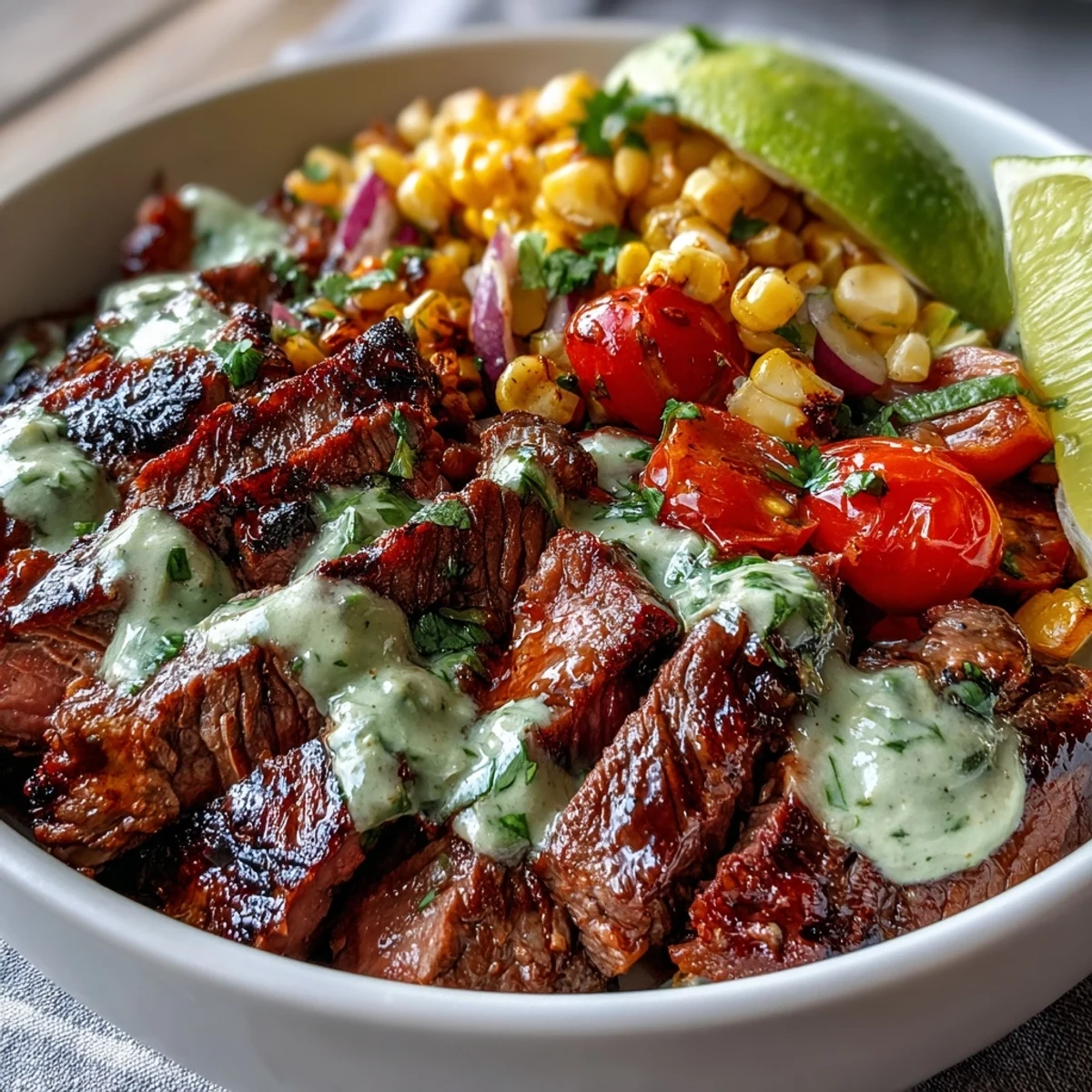 Sliced steak and charred roasted corn fill this Steak, Avocado, and Roasted Corn Bowl with bright cherry tomatoes and creamy avocado slices drizzled with zesty cilantro cream sauce.