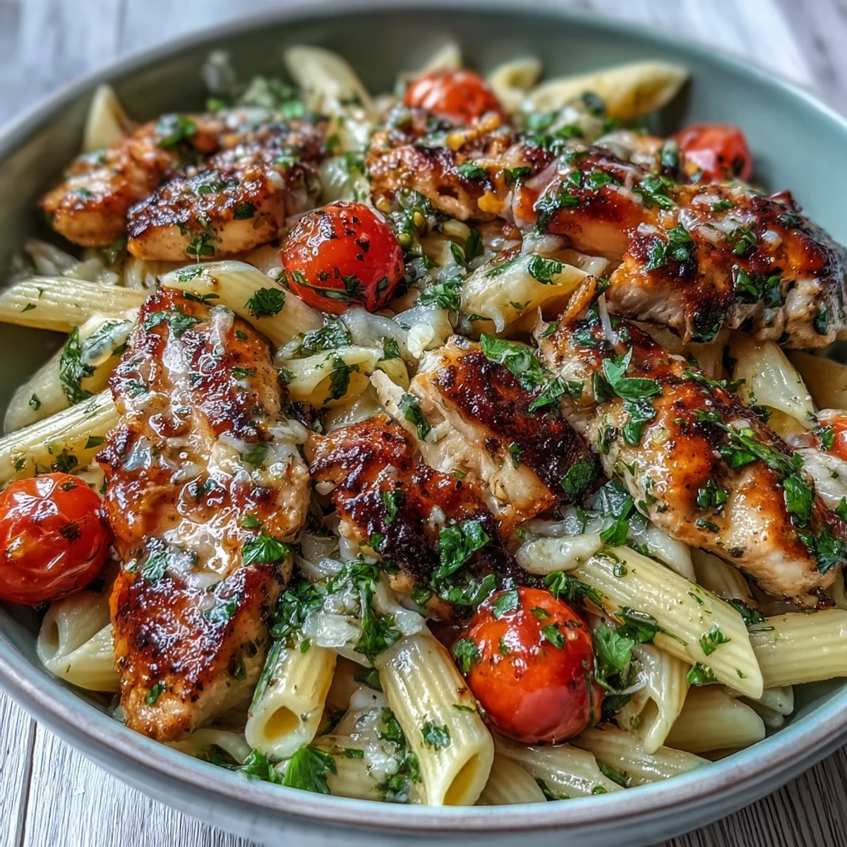 A close-up of Bruschetta Chicken Pasta reveals melted mozzarella and grated Parmesan with al dente penne tossed in a rich tomato sauce.