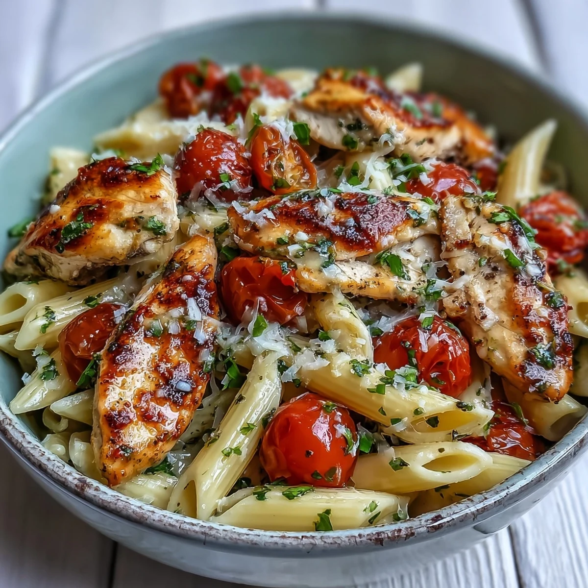 A rustic skillet of Bruschetta Chicken Pasta is garnished with fresh basil and Parmesan, ready for a family-style dinner serving.