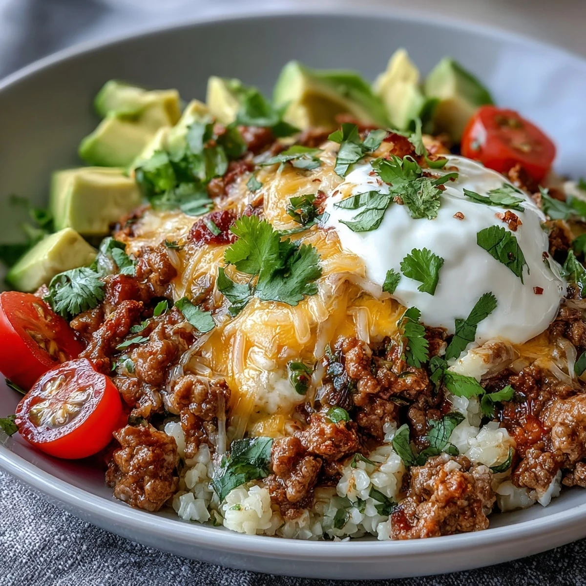 Colorful Low Carb Burrito Bowl with sizzling beef, diced tomatoes, and lime wedges for serving.
