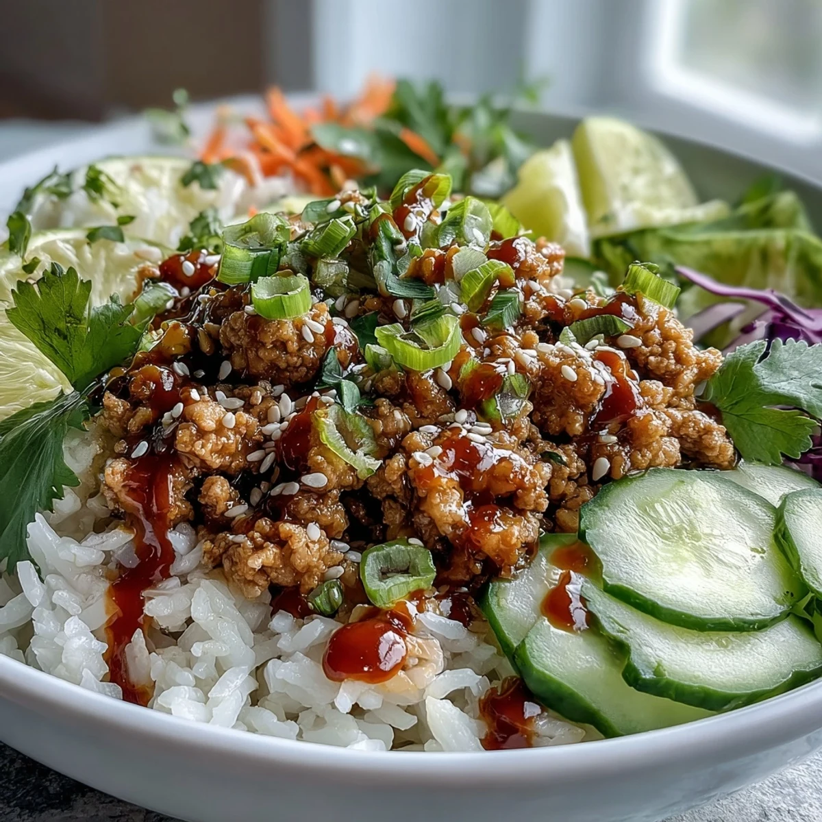 Tender ground turkey in bang bang sauce drizzled over fluffy rice, crunchy carrots, cucumbers, and cabbage.