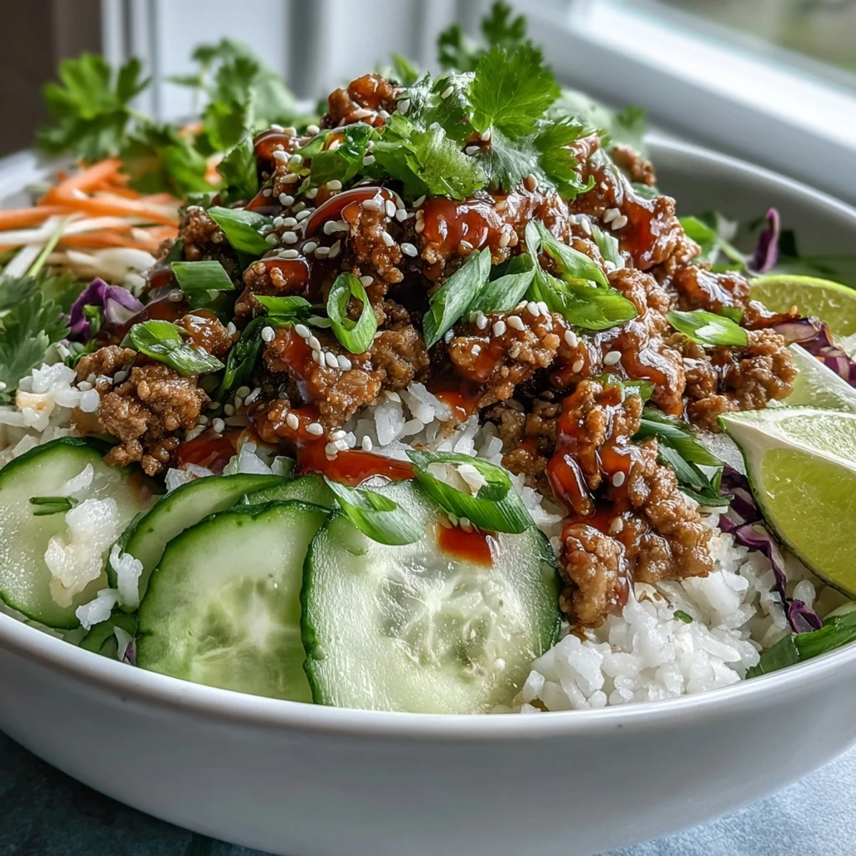 A close-up of bang bang ground turkey rice bowls with sesame seeds, scallions, and lime.