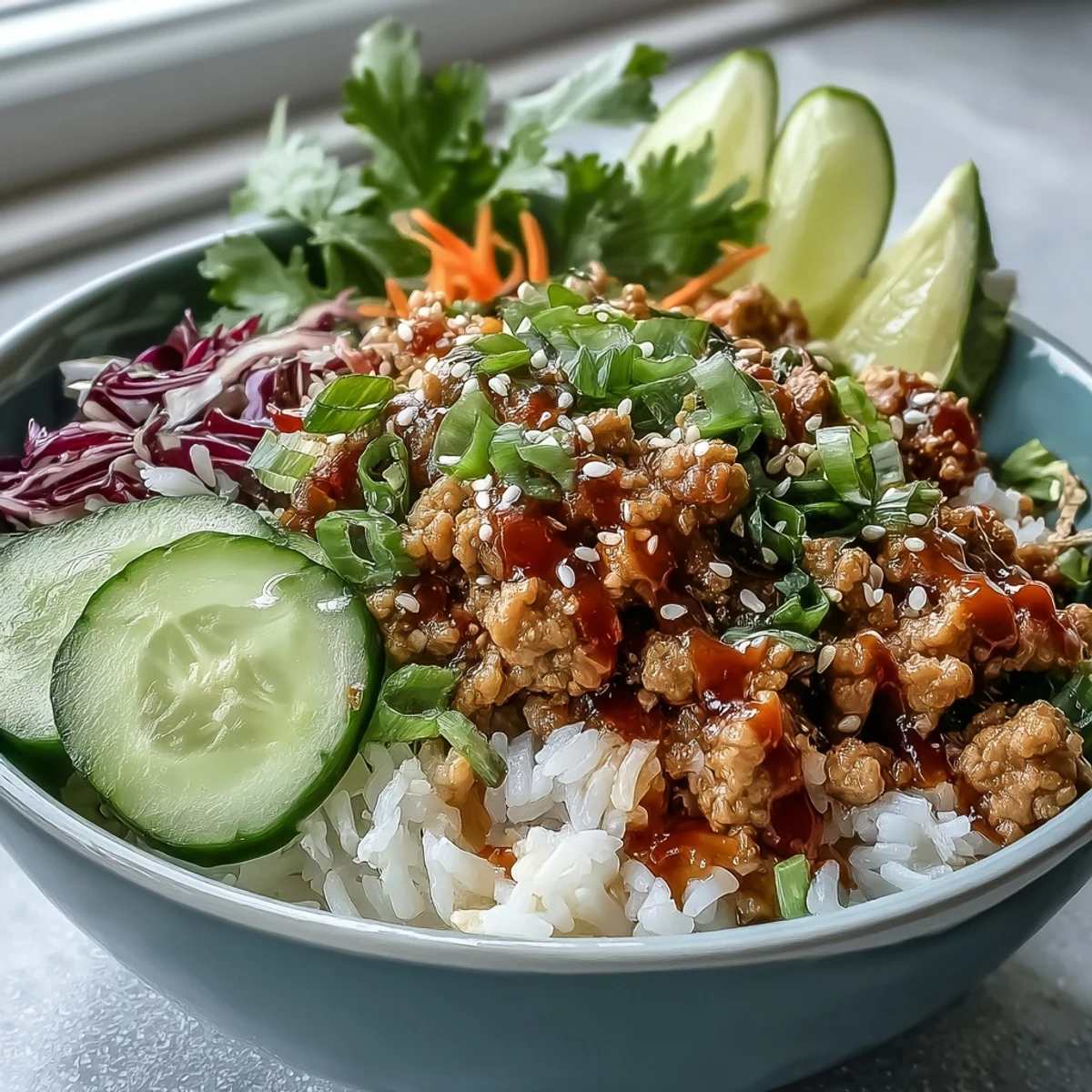 Spicy-sweet bang bang ground turkey rice bowls topped with fresh cilantro and colorful veggies for dinner.