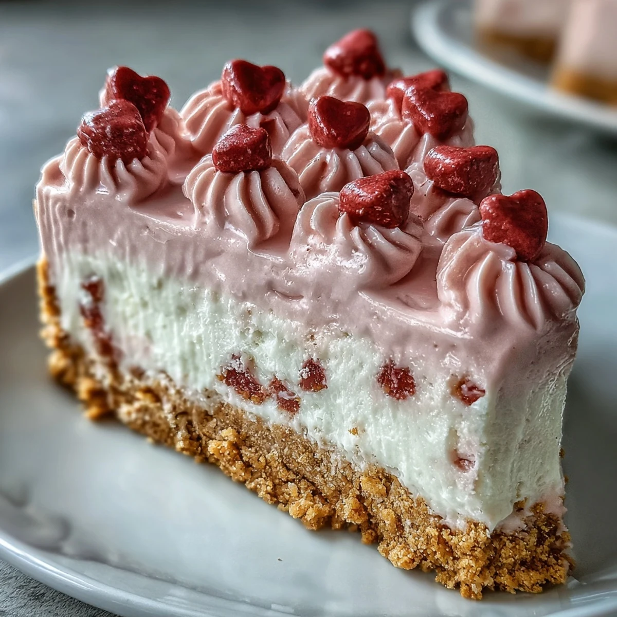 Layered Candy Hearts Fake Cake reveals silky cheesecake filling and buttery crust, garnished with glossy pink whipped cream and candy hearts.