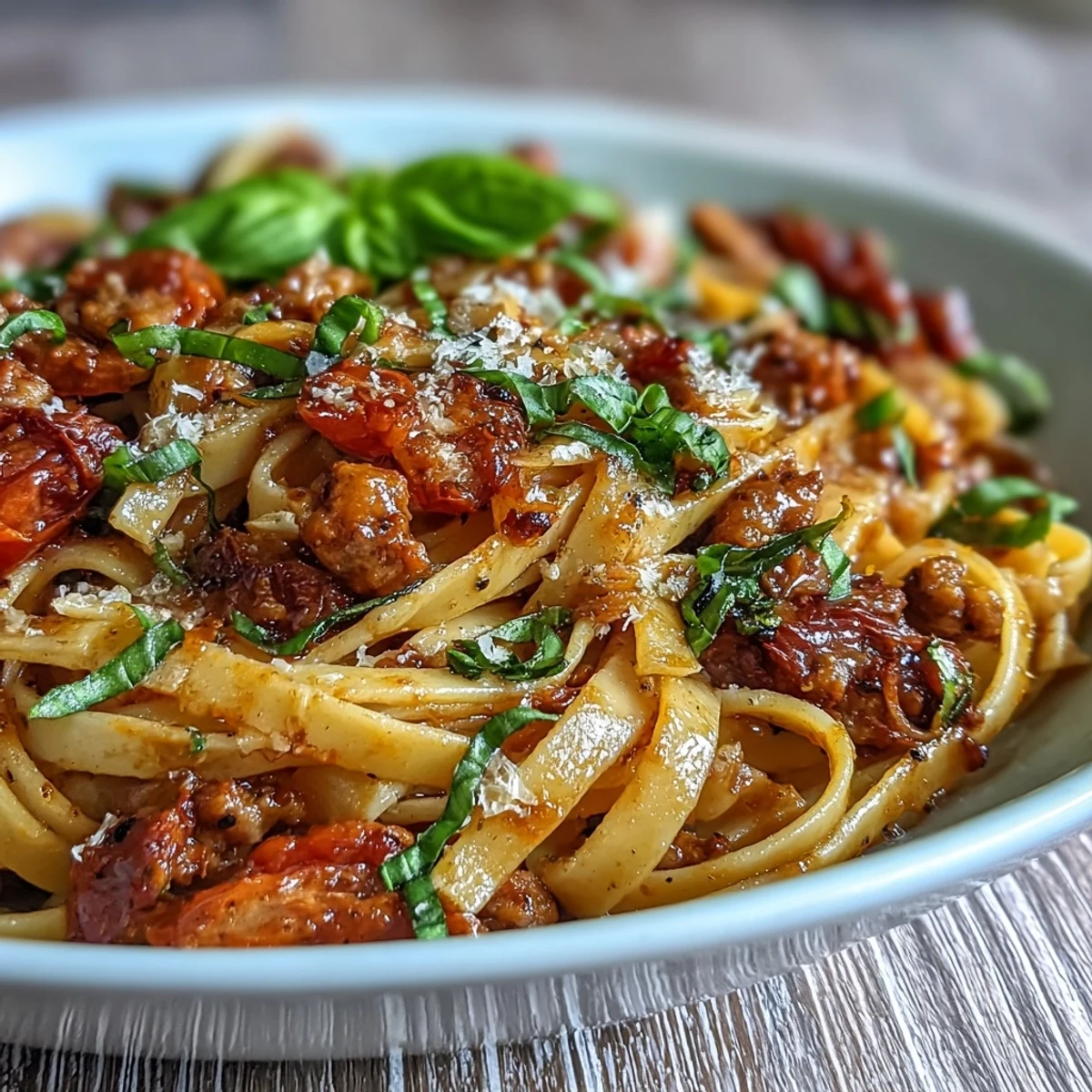 Steaming Italian Drunken Noodles served in a rustic bowl, highlighting crumbled Italian sausage, blistered cherry tomatoes, and a generous sprinkle of Parmesan cheese.