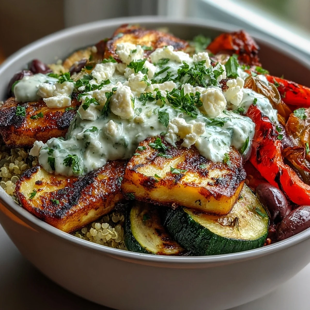 A vibrant bowl of grilled vegetables and halloumi atop nutty quinoa, served with cool tzatziki sauce. This wholesome, gluten-free Mediterranean meal is ready in about an hour and a half.