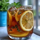 A pitcher of lavender honey lemonade with lemon slices and fresh lavender, offering a fragrant, floral twist on classic lemonade.