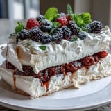 Elegant Mothers Day pavlova topped with fluffy cream and a colorful medley of fresh strawberries, raspberries, and blueberries.  