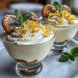 Bright and airy lemon mousse cups garnished with lemon zest curls, paired with crisp homemade shortbread cookies.  