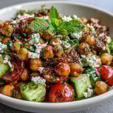 Bright and zesty Cold Chickpea Salad with Lemon Herbs, featuring crisp vegetables, fresh parsley, and mint in a tangy olive oil dressing.
