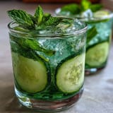 Chilled Sparkling Cucumber Mint Lemonade Mocktail with fresh lemon, mint, and ice.