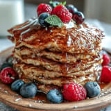 Fluffy high fiber protein pancakes served with a drizzle of maple syrup.