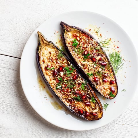 Roasted eggplant halves glistening with yogurt sauce and jewel-like pomegranate seeds; a vibrant vegetarian delight.
