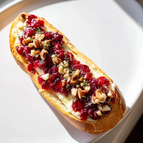 Golden-brown Festive Holiday Cranberry and Brie Crostini topped with vibrant cranberry sauce and herbs.
