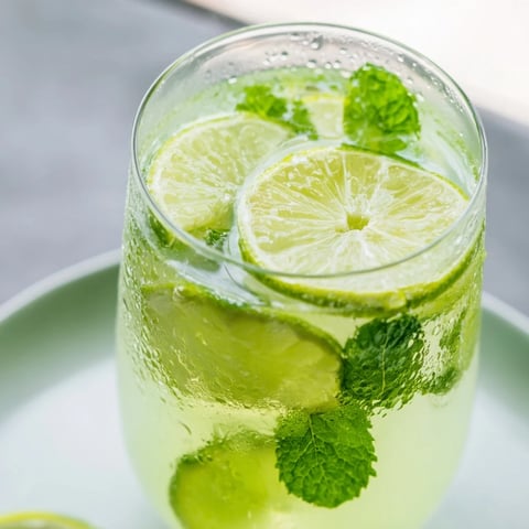 Fresh, green Mint Lime Agua Fresca is refreshing, garnished with a lime slice and mint sprig.