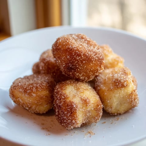 Warm, golden-brown air fryer cinnamon donuts sprinkled generously with cinnamon sugar, ready to eat.