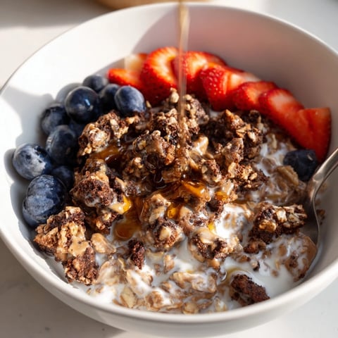 Creamy overnight oats gourmet makeover with cookie crumbles, berries, and a swirl of nut butter.
