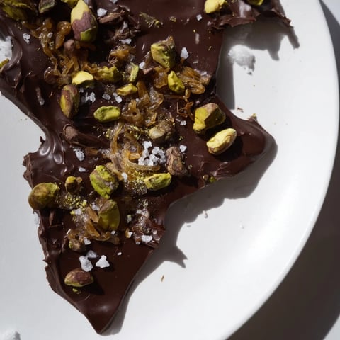 Golden, crispy Kataifi Chocolate Crunch Bark with pistachios & flaky sea salt: a sweet treat.