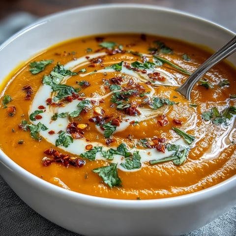 A bowl of warm Carrot, Celeriac, and Chilli Soup garnished with fresh coriander and a swirl of vegan yogurt.