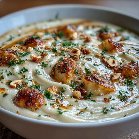 Creamy celeriac soup with a savory hazelnut crumble topping, served hot.