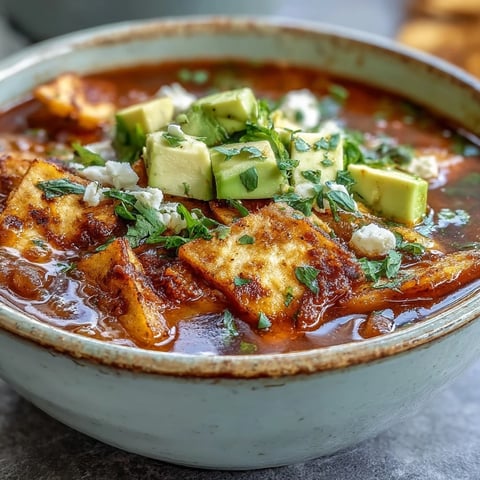 A close-up of Sopa Azteca in a white bowl, featuring smoky tomato-chile broth, crispy tortilla strips, creamy panela cheese, diced avocado, and fresh cilantro garnish.
