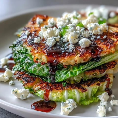 Golden Crispy Cabbage Steaks with Feta and balsamic glaze on a rustic wooden board, served warm as a vibrant vegetarian side dish.
