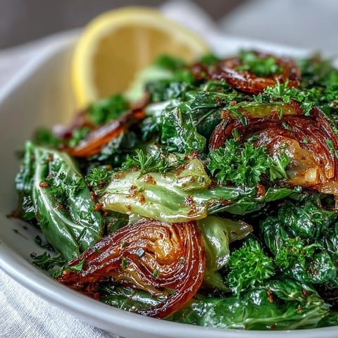 Freshly sautéed cabbage with garlic and Mediterranean spices steaming in a white skillet, garnished with chopped parsley and lemon wedges.