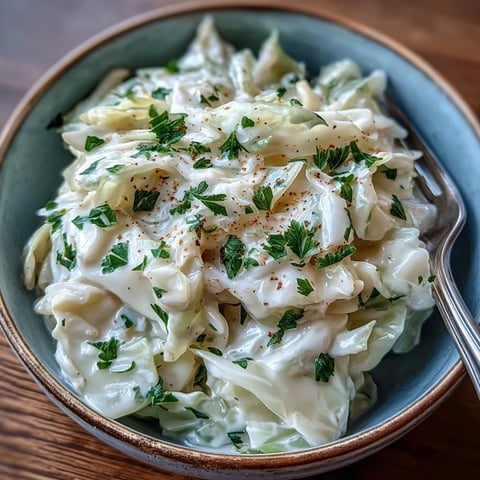 Fork-tender cabbage ribbons in a silky cream sauce, garnished with fresh parsley, ready to serve Creamed Cabbage alongside roast chicken.