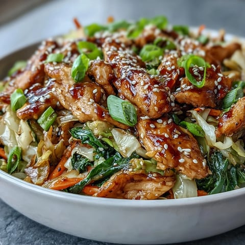 Sizzling Egg Roll Bowls with Chicken and Cabbage feature tender chicken, crisp cabbage, and carrots tossed in a savory garlic-ginger sauce.